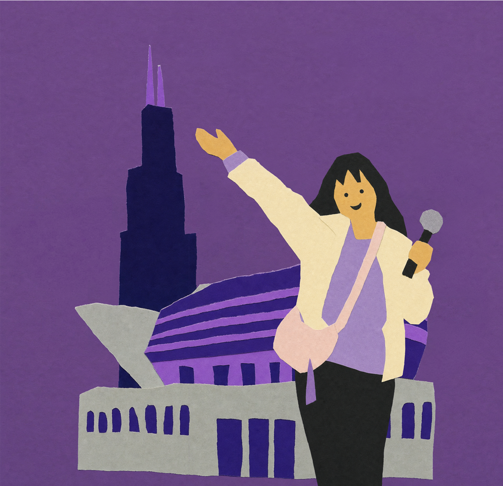 Illustration of an ARMY fan celebrating in front of the Chicago skyline